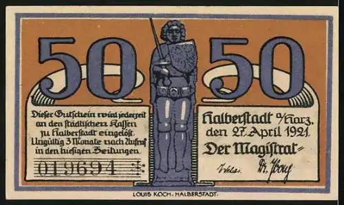 Notgeld Halberstadt /Harz 1921, 50 Pfennig, Kirchen, Buko von Halberstadt mit Kindern, Ritter mit Wappenschild