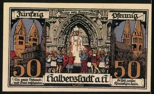 Notgeld Halberstadt /Harz 1921, 50 Pfennig, Kirchen, Buko von Halberstadt mit Kindern, Ritter mit Wappenschild