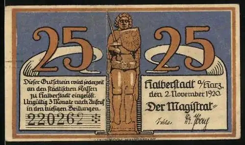 Notgeld Halberstadt /Harz 1920, 25 Pfennig, Ritter mit Wappenschild, Ortspartie mit Wappen