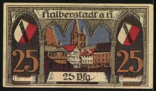 Notgeld Halberstadt /Harz 1920, 25 Pfennig, Ritter mit Wappenschild, Ortspartie mit Wappen