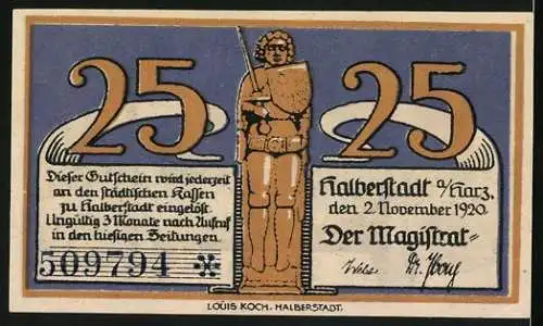 Notgeld Halberstadt /Harz 1920, 25 Pfennig, Ritter mit Wappenschild, Ortspartie mit Wappen