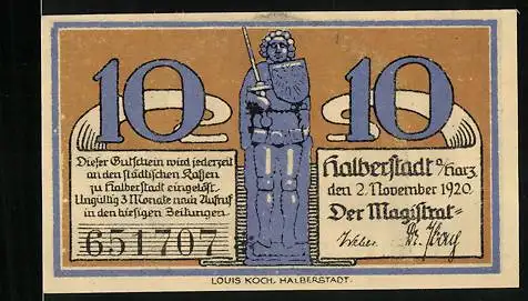 Notgeld Halberstadt /Harz 1920, 10 Pfennig, Ritter mit Wappenschild, Ortspartie mit Wappen