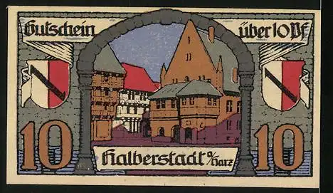 Notgeld Halberstadt /Harz 1920, 10 Pfennig, Ritter mit Wappenschild, Ortspartie mit Wappen