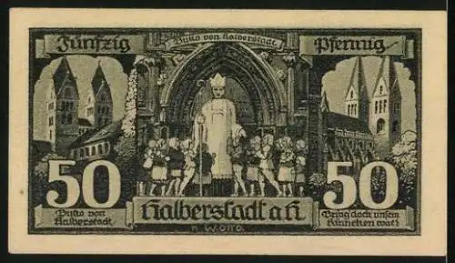 Notgeld Halberstadt /Harz 1921, 50 Pfennig, Kirchen, Buko von Halberstadt mit Kindern, Ritter mit Wappenschild