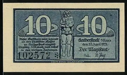 Notgeld Halberstadt /Harz 1921, 10 Pfennig, Kirchen, Buko von Halberstadt mit Kindern, Ritter mit Wappenschild