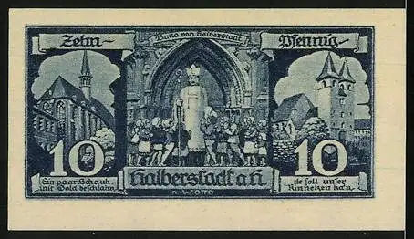 Notgeld Halberstadt /Harz 1921, 10 Pfennig, Kirchen, Buko von Halberstadt mit Kindern, Ritter mit Wappenschild