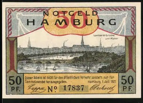 Notgeld Hamburg 1921, 50 Pfennig, Lombardbrücke und Alster, Tambourmajor und Tambours des Bürg. Militair