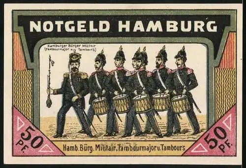 Notgeld Hamburg 1921, 50 Pfennig, Lombardbrücke und Alster, Tambourmajor und Tambours des Bürg. Militair