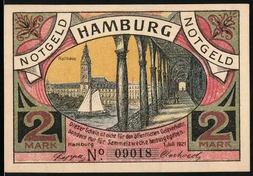 Notgeld Hamburg 1921, 2 Mark, Rathaus, Artillerie des Bürg. Militair