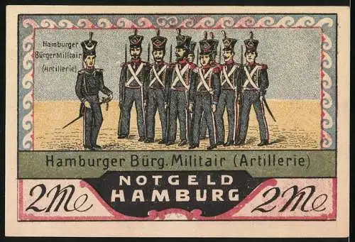 Notgeld Hamburg 1921, 2 Mark, Rathaus, Artillerie des Bürg. Militair