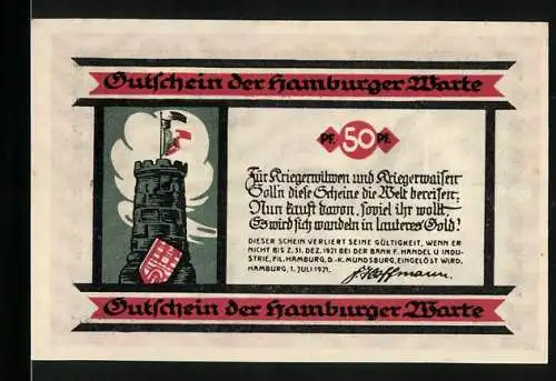 Notgeld Hamburg 1921, 50 Pfennig, Hamburger Warte, Soldat am Kreuz