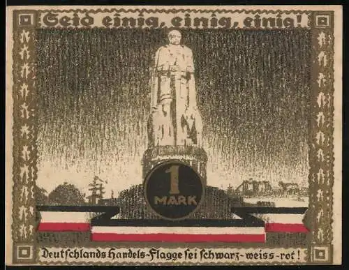 Notgeld Hamburg 1921, 1 Mark, Kultur- und Sportwoche, Antike Säule und Sportler, Bismarck-Denkmal