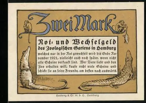 Notgeld Hamburg 1921, 2 Mark, Zoologischer Garten, Löwe und Bär als Königspaar der Zootiere, Krokodile und Affen