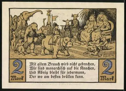 Notgeld Hamburg 1921, 2 Mark, Zoologischer Garten, Löwe und Bär als Königspaar der Zootiere, Krokodile und Affen