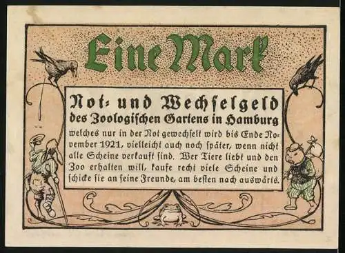 Notgeld Hamburg 1921, 1 Mark, Zoologischer Garten, Hummel-Figur und spottende Kinder