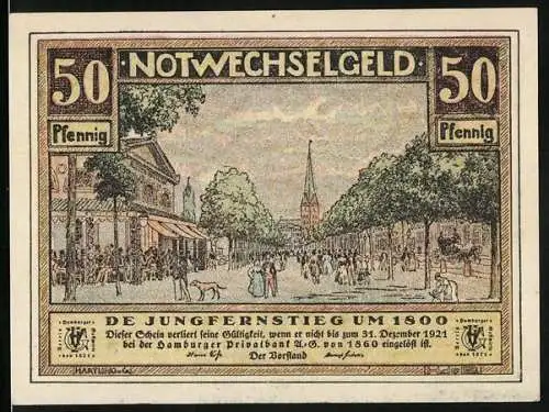 Notgeld Hamburg 1921, 50 Pfennig, Jungfernstieg um 1800, Hamburger Bürgerwehr um 1869, Soldaten