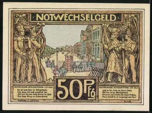 Notgeld Hamburg 1921, 50 Pfennig, Jungfernstieg um 1800, Hamburger Bürgerwehr um 1869, Soldaten