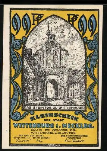 Notgeld Wittenburg i. Mecklbg. 1922, 99 Pfennig, Steintor, Stadtwappen