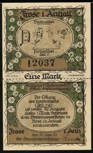 Notgeld Frose i. Anh. 1921, 1 Mark, Bilderrätsel Preisrätsel Teil 1, Mönchskloster