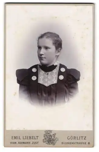 Fotografie Emil Liebelt, Görlitz, Blumenstrasse 8, Junge Dame im Kleid mit Zierknöpfen und Spitzenbesatz