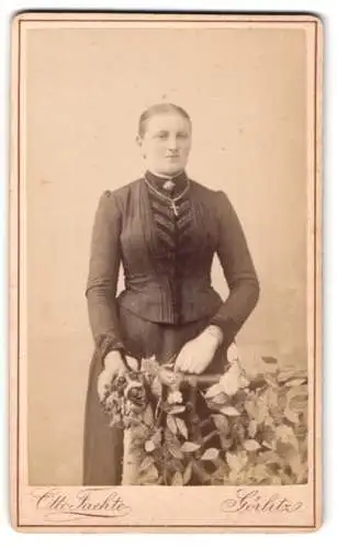 Fotografie Otto Fachte, Görlitz, Grüner Graben 29, Junge Dame mit Brosche und Kreuzkette im taillierten Kleid