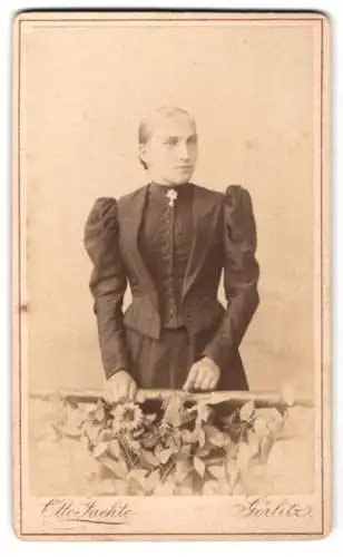 Fotografie Otto Fachte, Görlitz, Grüner Graben 29, Junge Dame mit Brosche im taillierten Kleid mit Puffärmeln
