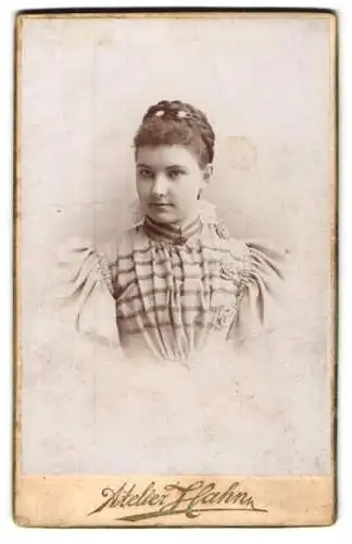 Fotografie Karel Hahn, Klattau, Langegasse 36, Hübsche junge Frau im hellen Kleid mit Puffärmeln und Klammern im Haar