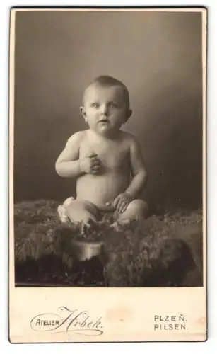 Fotografie Atelier Hrbek, Pilsen, Süsses Baby auf dunklem Fell sitzend mit erstauntem Blick