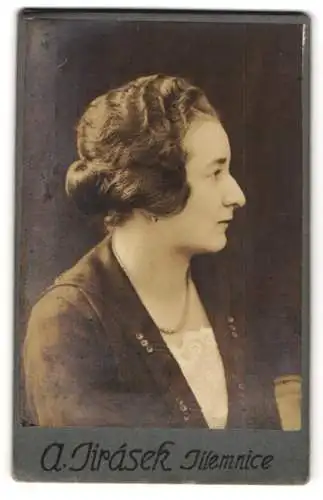 Fotografie A. Jirásek, Jilemnice, Bürgerlicher Frau mit welligem Haar und Kette im seitlichen Portrait
