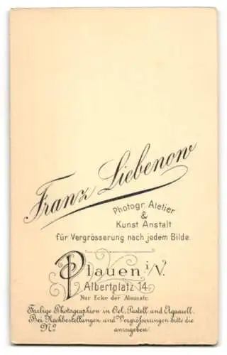 Fotografie Atelier F. Liebenow, Plauen i. V., Albertplatz 14, Junger Mann im Anzug mit Fliege und leichtem Schnäuzer