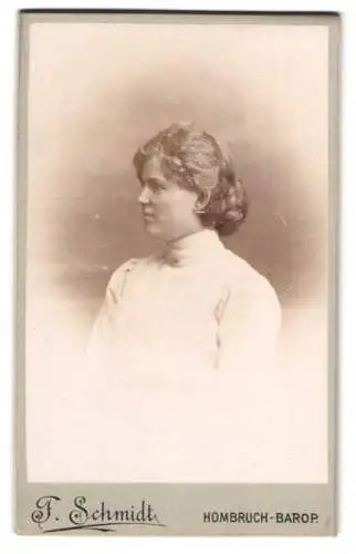 Fotografie F. Schmidt, Hombruch-Barop, Bahnhofstr. 46, Junge Frau mit zurückgestecktem Haar im Seitenportrait
