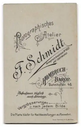 Fotografie F. Schmidt, Hombruch-Barop, Bahnhofstr. 46, Junge Frau mit zurückgestecktem Haar im Seitenportrait