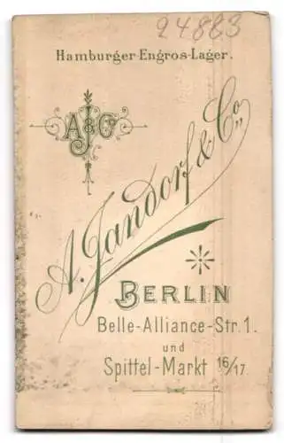 Fotografie A. Jandorf & Co., Berlin, Spittelmarkt 16 /17, Mann mit pomadisiertem Haar und gezwirbeltem Schnurrbart