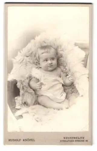 Fotografie Rudolf Knöfel, Neustrelitz, Strelitzer-Strasse 46, Blondes Kleinkind im weissen Gewand auf einem Pelz