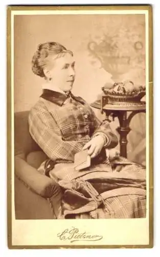 Fotografie C. Pietzner, Tetschen a. E., Bahnhofstrasse, Junge Dame im karierten Kleid mit einem Buch auf einem Sessel