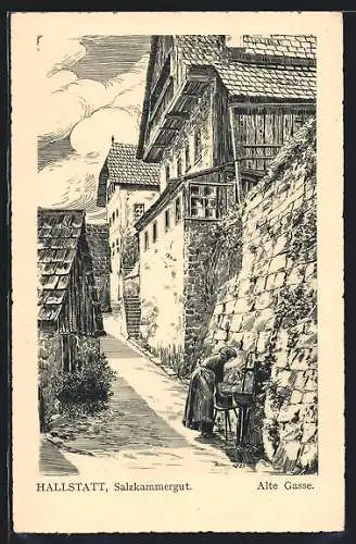 Künstler-AK Hallstatt /Salzkammergut, Alte Gasse mit Frau am Brunnen