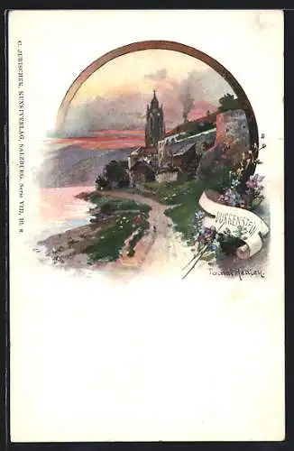 Lithographie Dürrenstein, Uferpartie mit Kirche bei Sonnenuntergang