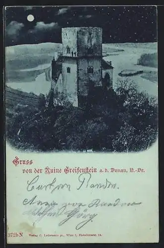 Mondschein-AK Greifenstein a. d. Donau, Ruine aus der Vogelschau
