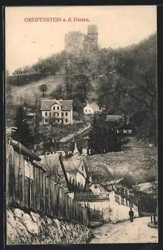 AK Greifenstein a. d. Donau, Ortsansicht mit Burgruine