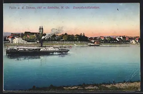 AK Tulln a. d. Donau, Ortsansicht mit Dampfer