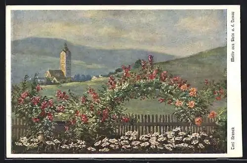Künstler-AK Stein a. d. Donau, Blumengarten mit Blick auf die Kirche
