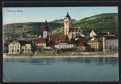 AK Stein a. d. Donau, Uferpartie mit Blick auf die Kirche