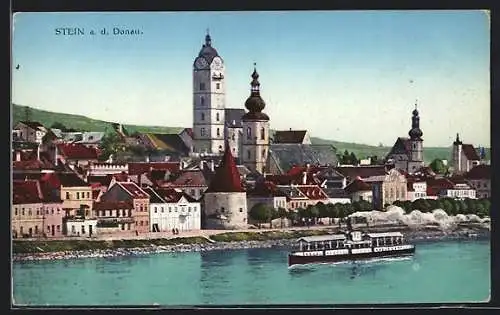 AK Stein a. d. Donau, Uferpartie mit einem Dampfer