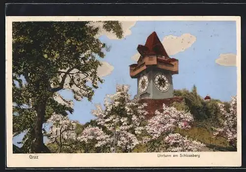 AK Graz, Der Uhrturm am Schlossberg im Frühling