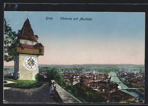 AK Graz, Uhrturm mit Murblick