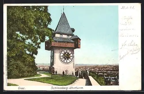 AK Graz, Schlossberg-Uhrthurm mit Besuchern