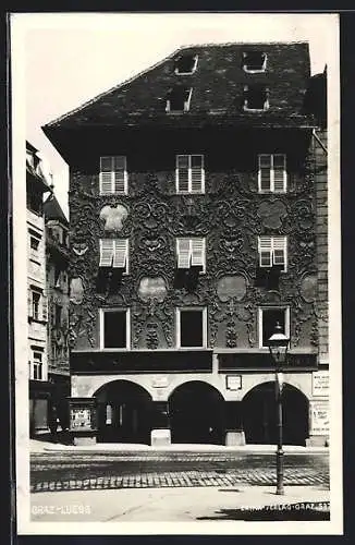 AK Graz-Luegg, Die Ansichtskarten-Zentrale Holz im Haus mit verzierter Fassade