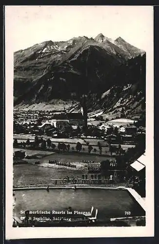 AK Rauris im Pinzgau, Schwimmbad mit Blick auf die Kirche und die Berge