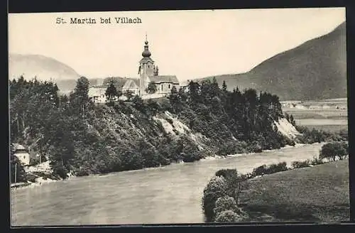 AK St. Martin bei Villach, Blick über das Wasser auf die Kirche