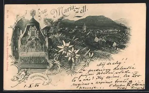 AK Maria Zell, Ortsansicht mit Schatzkammer